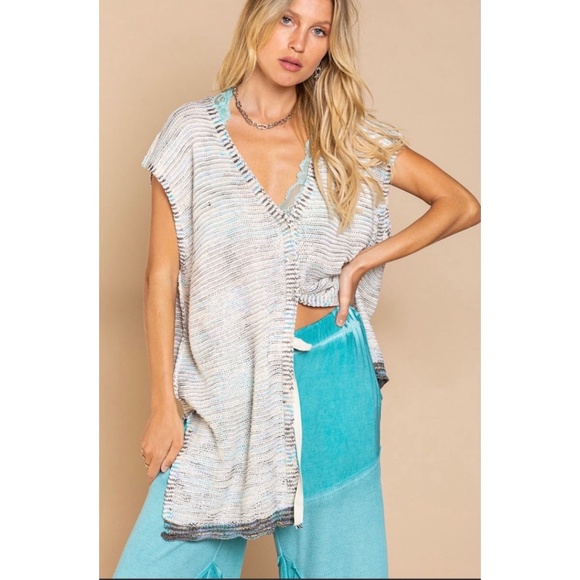 POL Ivory & Blue Multi V Neck Button Front Cap Sleeve Long Cardigan - Picture 7 of 8